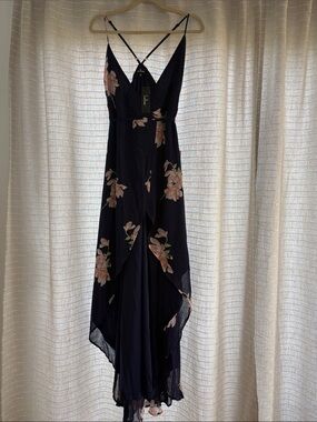 Lulu's Navy Floral High-Low Maxi Dress with Pink Blooms